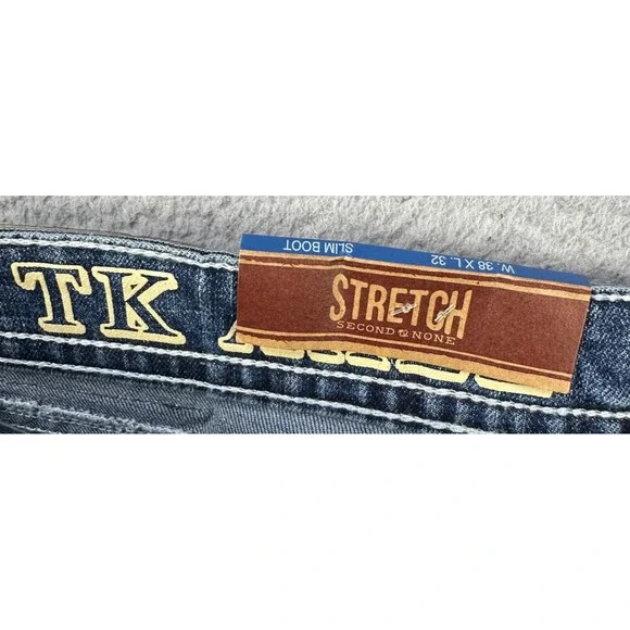 T.K. Axel Jeans Slim Boot Mens 38X32 Blue Distressed Stretch 5 Pocket Denim NEW